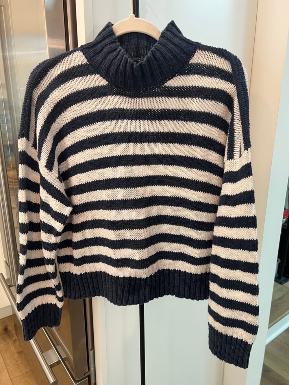 eskandar Navy and Cream Striped Turtleneck Sweater hand loom Colton linen